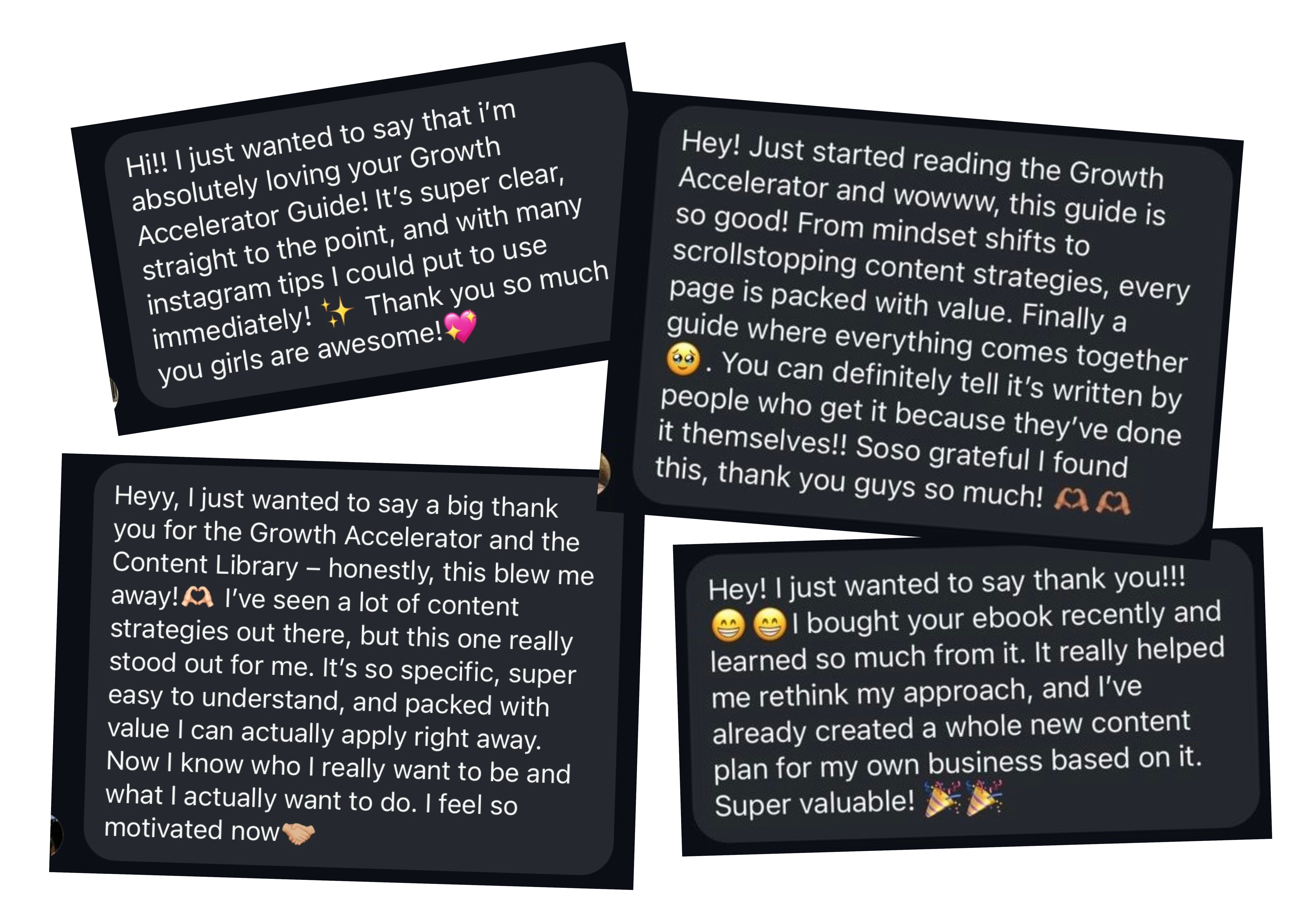 Four testimonial DMs from Growth Accelerator members praising the guide and content strategies.